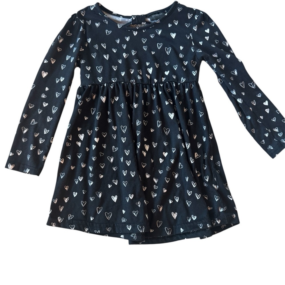 Girls Long Sleeve Dress | Black & White Heart Print | Valentines Day Size Medium